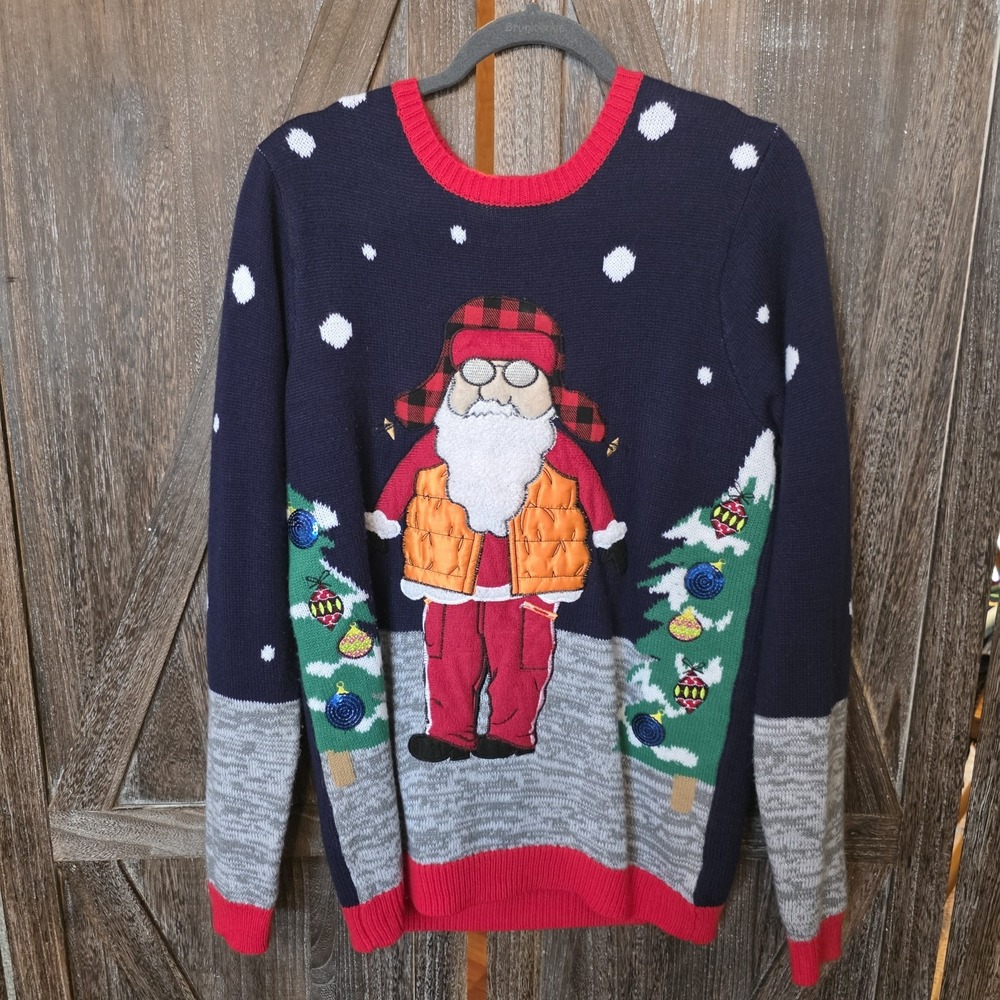 JOLLY SWEATERS Sweater Adult Size M Hunting Santa Embellished Sequins Christmas